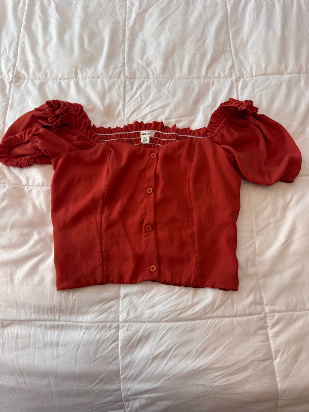 Rust Red Off-Shoulder Button-Front Puff Sleeve Top